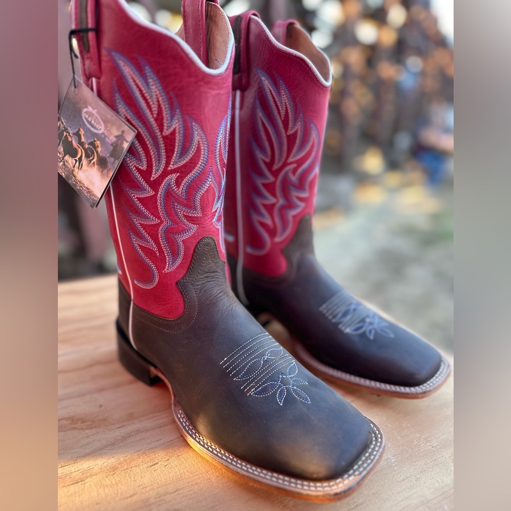 Old West Womens Brown/Fuchsia Waxy Leather Boots-Size 9.5